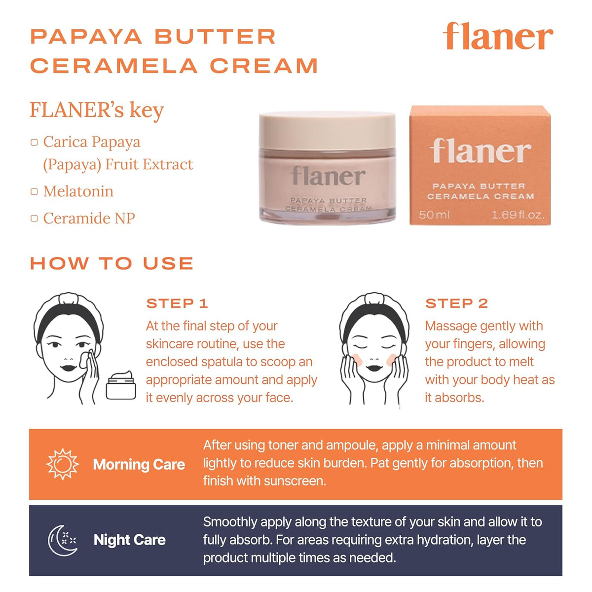[ Flaner ] Papaya Ceramela Moisturizer Cream 1.69 fl.oz - Beautiha